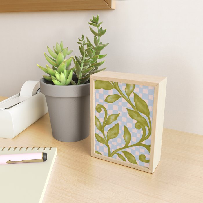 Vibrant Green Leaves on a Blue Checkered Background Mini Art Print Gallery Image 2