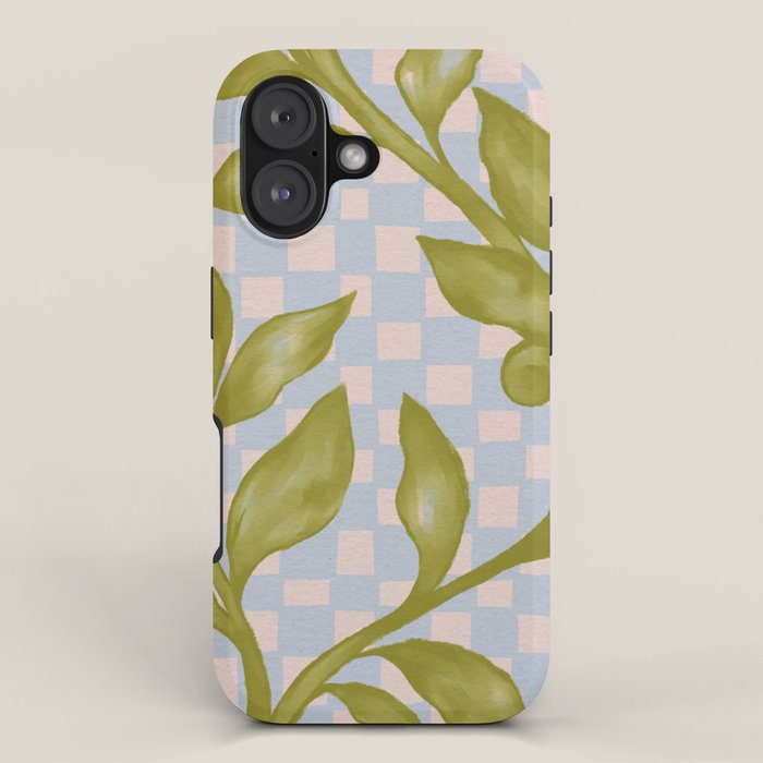 Vibrant Green Leaves on a Blue Checkered Background iPhone Case Gallery Image 1