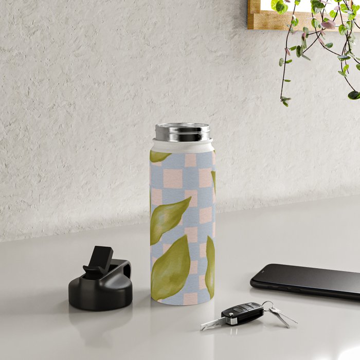 Vibrant Green Leaves on a Blue Checkered Background Water Bottle Gallery Image 4