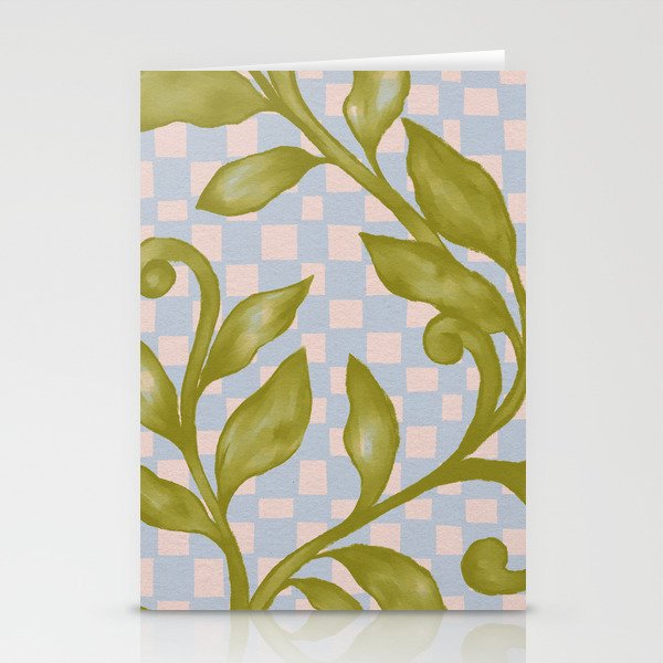 Vibrant Green Leaves on a Blue Checkered Background Stationery Card Gallery Image 2