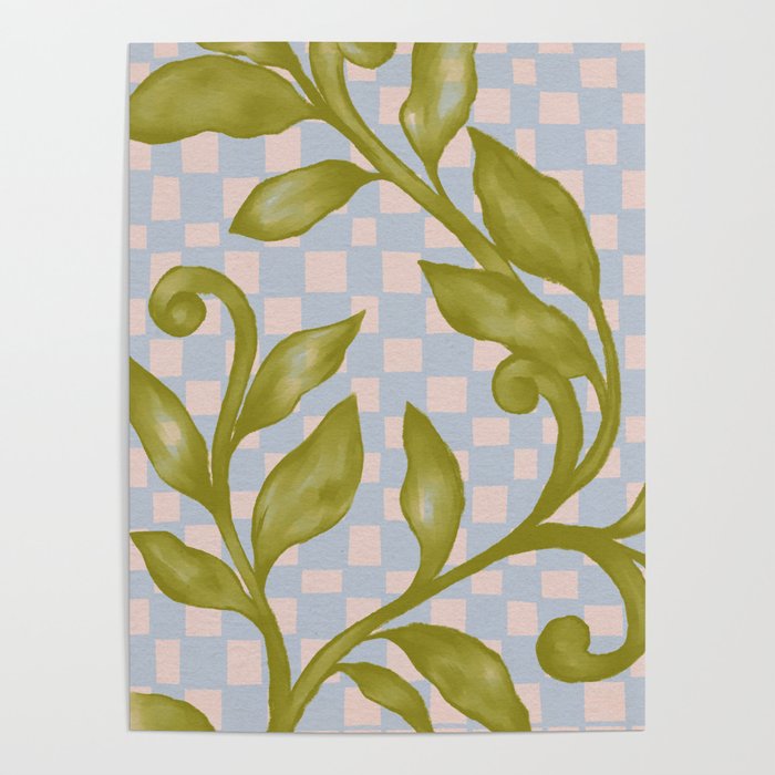 Vibrant Green Leaves on a Blue Checkered Background Poster Gallery Image 1