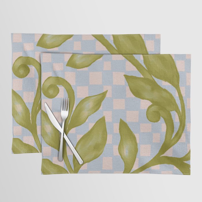 Vibrant Green Leaves on a Blue Checkered Background Placemat Gallery Image 1