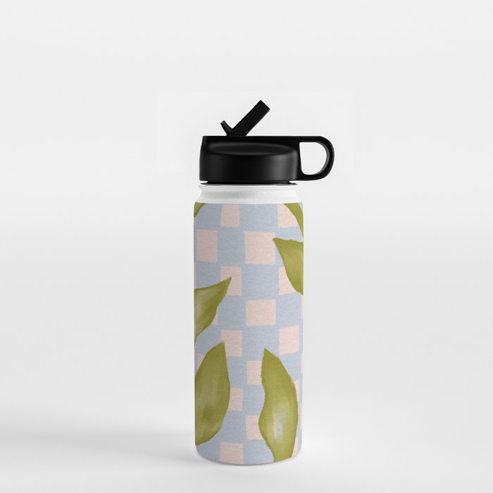 Vibrant Green Leaves on a Blue Checkered Background Water Bottle Gallery Image 1