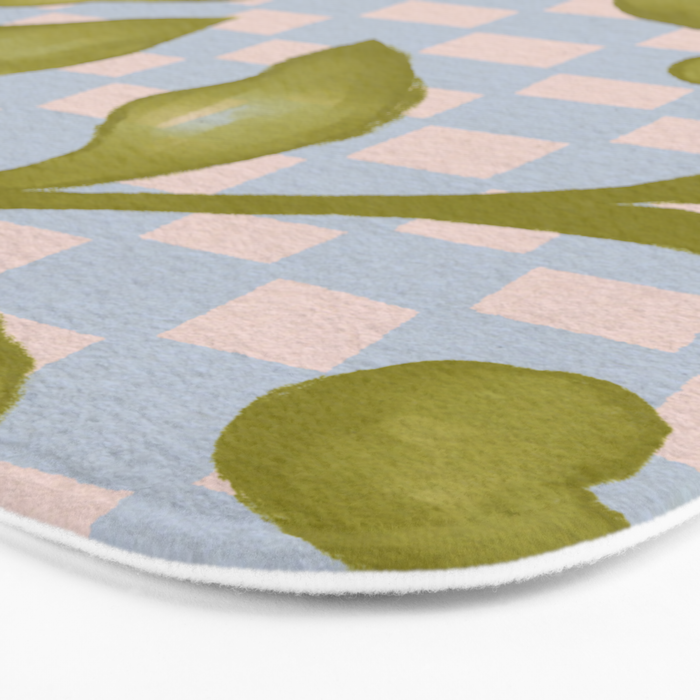 Vibrant Green Leaves on a Blue Checkered Background Bath Mat Gallery Image 3