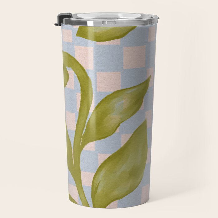Vibrant Green Leaves on a Blue Checkered Background Travel Mug Gallery Image 3