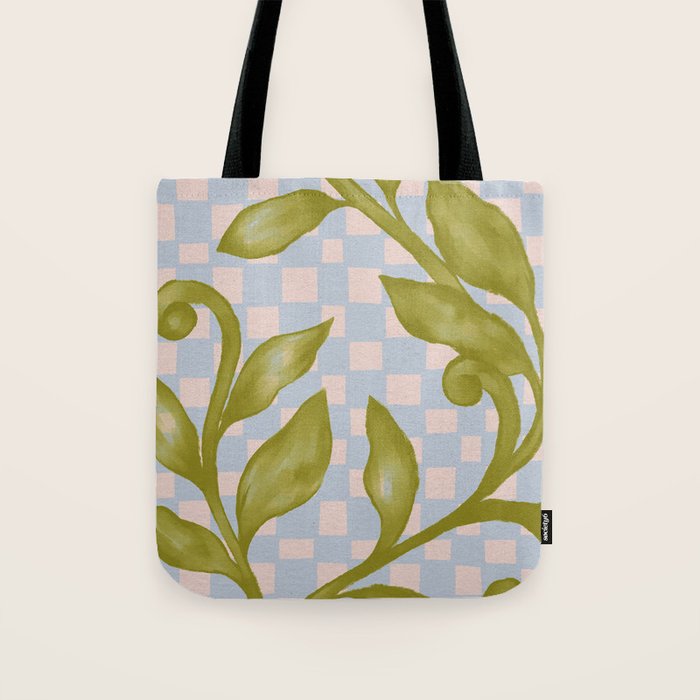 Vibrant Green Leaves on a Blue Checkered Background Tote Bag Gallery Image 1