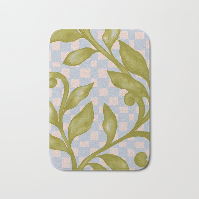 Vibrant Green Leaves on a Blue Checkered Background Bath Mat Gallery Image 1