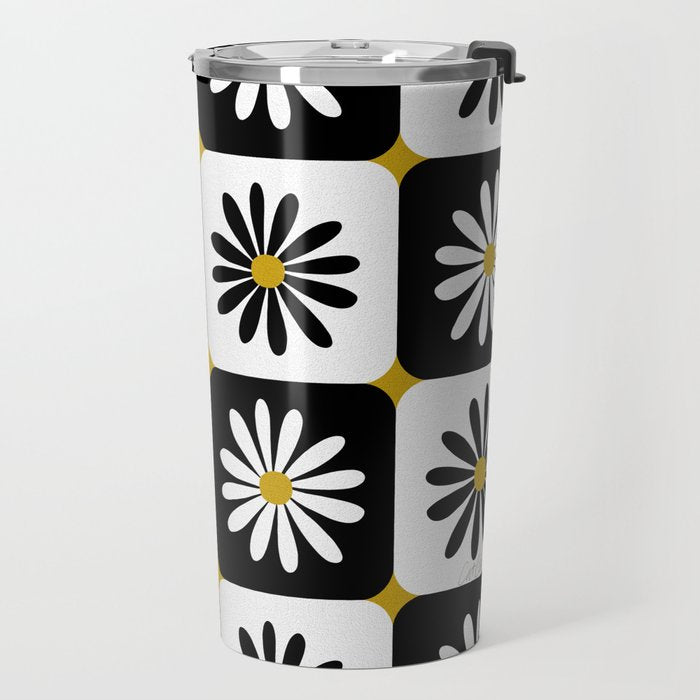Checkered Daisies - Black & White Travel Mug Gallery Image 2
