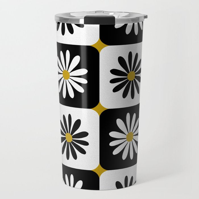Checkered Daisies - Black & White Travel Mug Gallery Image 1