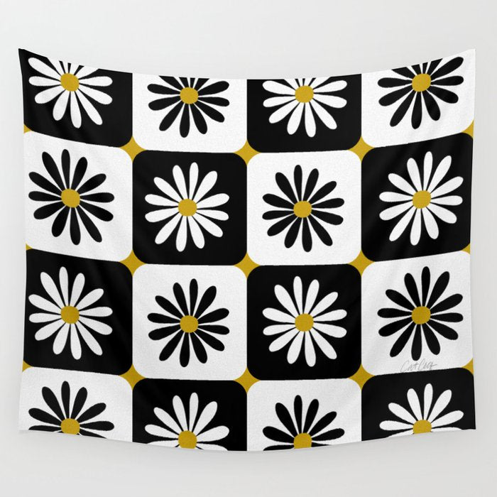 Checkered Daisies - Black & White Wall Tapestry Gallery Image 1