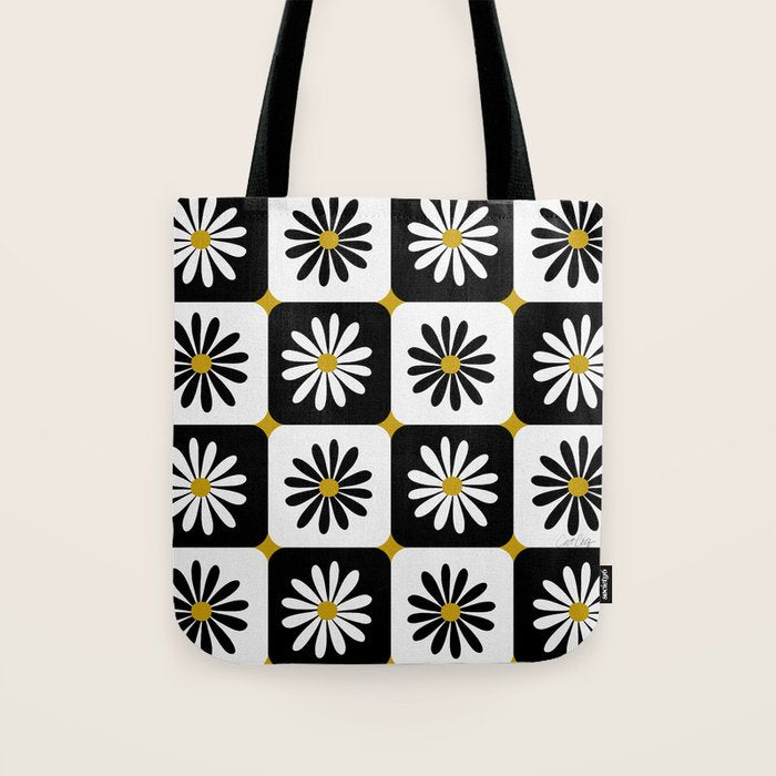 Checkered Daisies - Black & White Tote Bag Gallery Image 1