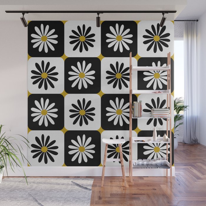 Checkered Daisies - Black & White Wall Mural Gallery Image 1