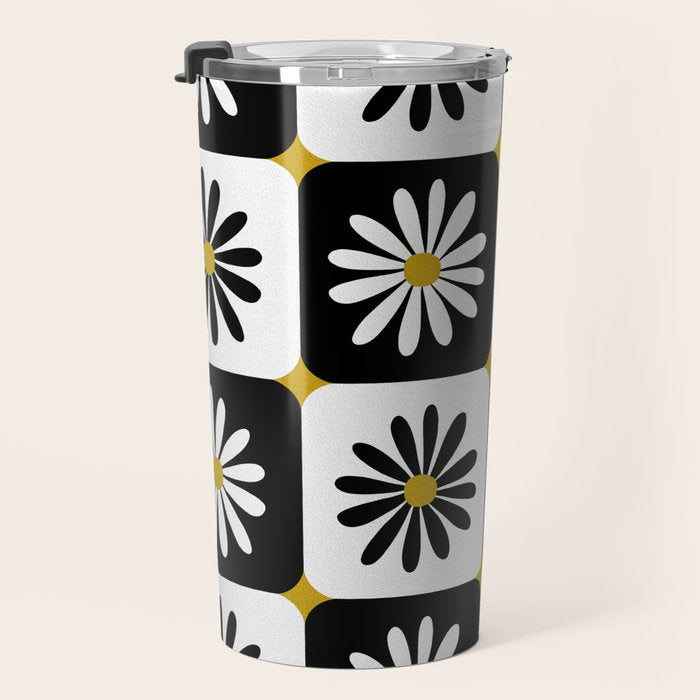 Checkered Daisies - Black & White Travel Mug Gallery Image 3