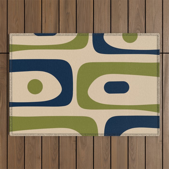 Mid Century Modern Minimalist Abstract Piquet Pattern in Mid Mod Beige Navy Blue Olive Green Outdoor Rug Gallery Image 1