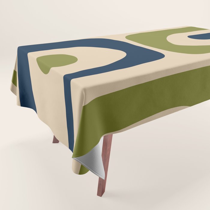 Mid Century Modern Minimalist Abstract Piquet Pattern in Mid Mod Beige Navy Blue Olive Green Tablecloth Gallery Image 1