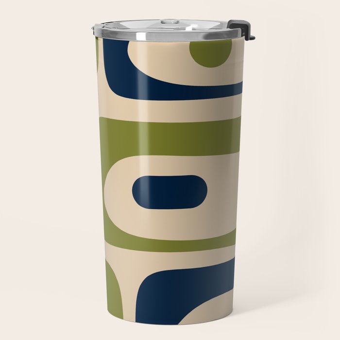 Mid Century Modern Minimalist Abstract Piquet Pattern in Mid Mod Beige Navy Blue Olive Green Travel Mug Gallery Image 2