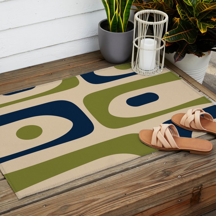 Mid Century Modern Minimalist Abstract Piquet Pattern in Mid Mod Beige Navy Blue Olive Green Outdoor Rug Gallery Image 2