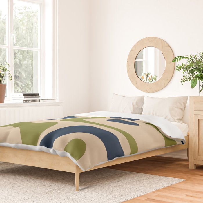 Mid Century Modern Minimalist Abstract Piquet Pattern in Mid Mod Beige Navy Blue Olive Green Duvet Cover Gallery Image 2