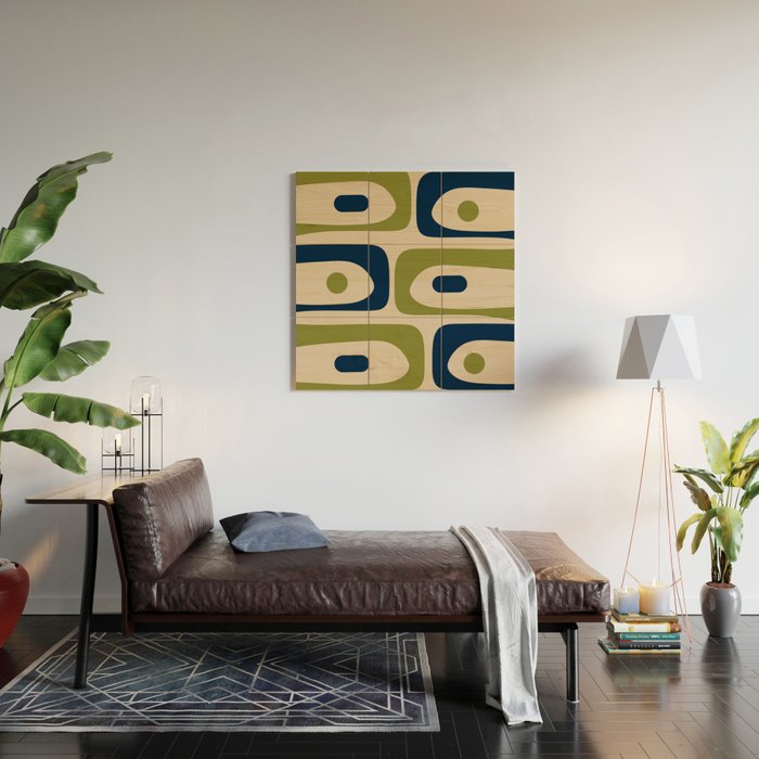 Mid Century Modern Minimalist Abstract Piquet Pattern in Mid Mod Beige Navy Blue Olive Green Wood Wall Art Gallery Image 2
