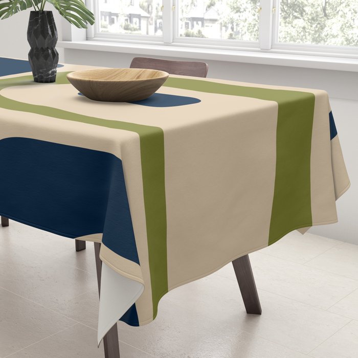 Mid Century Modern Minimalist Abstract Piquet Pattern in Mid Mod Beige Navy Blue Olive Green Tablecloth Gallery Image 3
