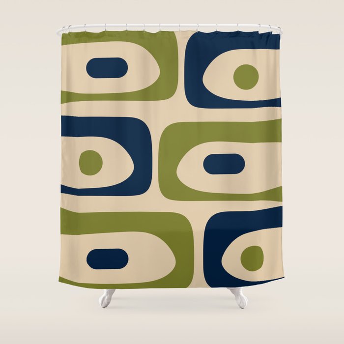 Mid Century Modern Minimalist Abstract Piquet Pattern in Mid Mod Beige Navy Blue Olive Green Shower Curtain Gallery Image 1