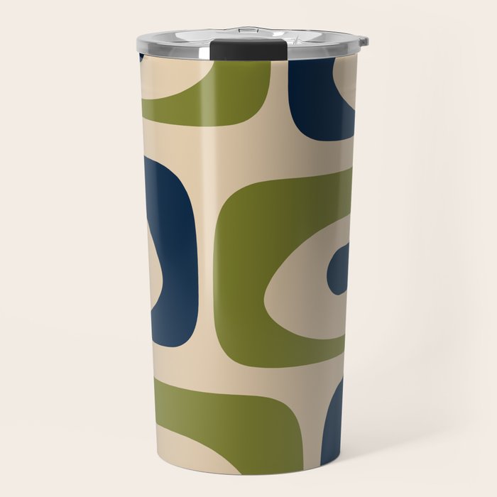 Mid Century Modern Minimalist Abstract Piquet Pattern in Mid Mod Beige Navy Blue Olive Green Travel Mug Gallery Image 1