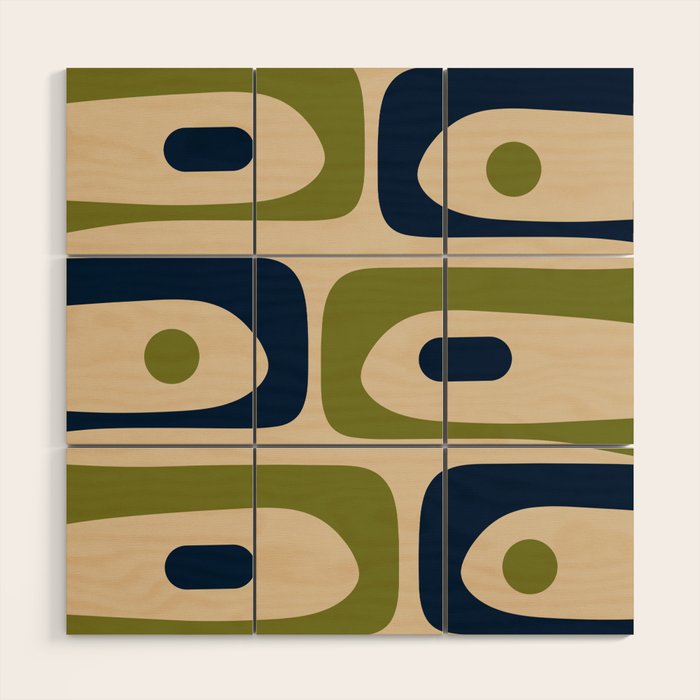 Mid Century Modern Minimalist Abstract Piquet Pattern in Mid Mod Beige Navy Blue Olive Green Wood Wall Art Gallery Image 1