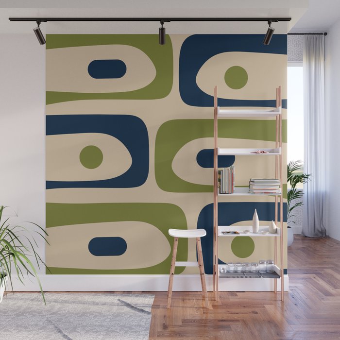 Mid Century Modern Minimalist Abstract Piquet Pattern in Mid Mod Beige Navy Blue Olive Green Wall Mural Gallery Image 1