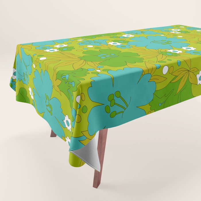 Green, Turquoise, and White Retro Flower Design Pattern Tablecloth Gallery Image 1