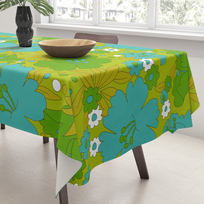 Green, Turquoise, and White Retro Flower Design Pattern Tablecloth Gallery Image 3