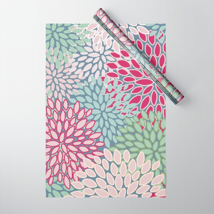 Festive, Floral Prints, Bright Pink, Teal and Green Wrapping Paper Gallery Image 1