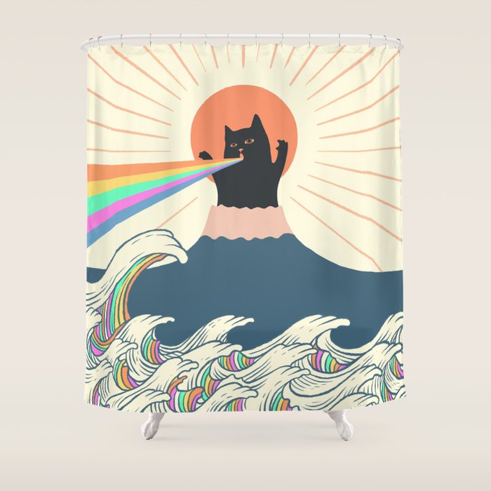 Meowtain cat 5 rainbow wave catzilla  Shower Curtain Gallery Image 1