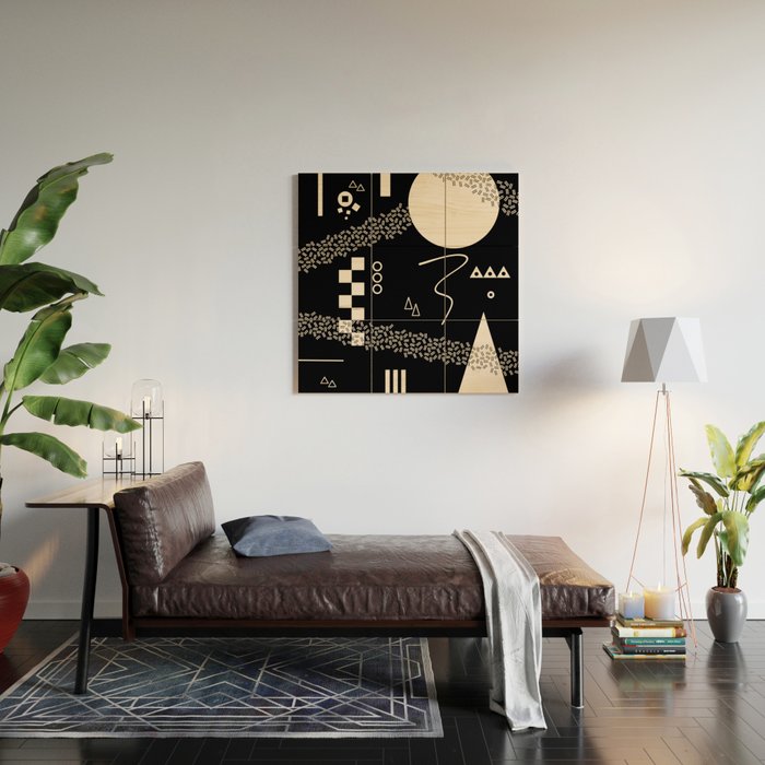 Memphis Redux New 80s Geometric Abstract Pattern in Black and Almond Cream Wood Wall Art Gallery Image 2
