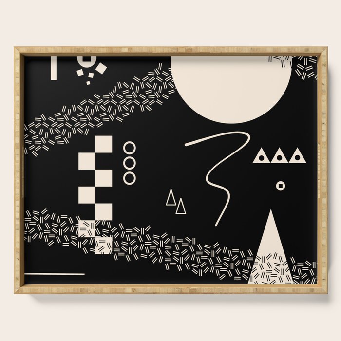 Memphis Redux New 80s Geometric Abstract Pattern in Black and Almond Cream Serving Tray Gallery Image 1