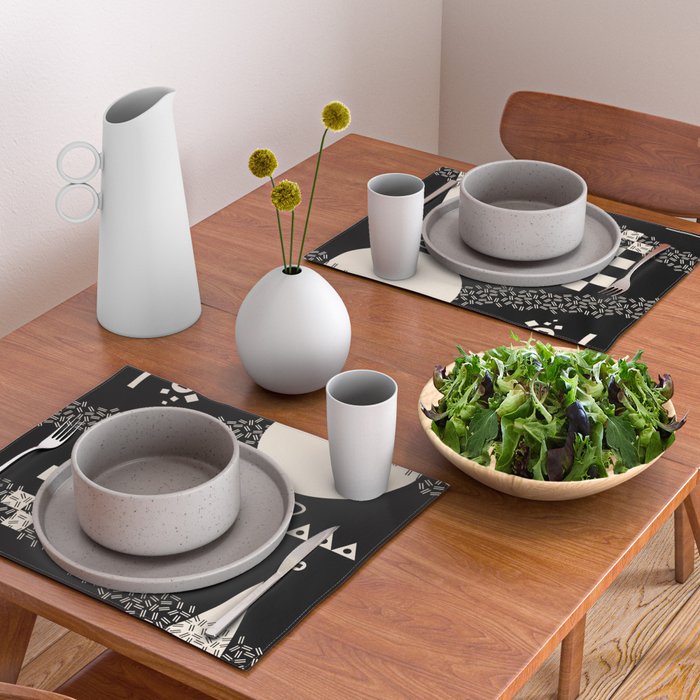 Memphis Redux New 80s Geometric Abstract Pattern in Black and Almond Cream Placemat Gallery Image 2