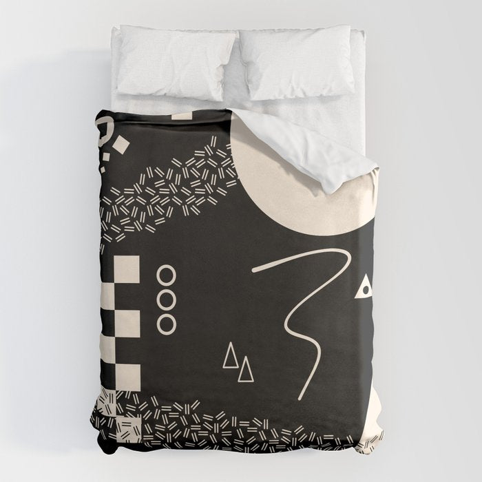 Memphis Redux New 80s Geometric Abstract Pattern in Black and Almond Cream Duvet Cover Gallery Image 1