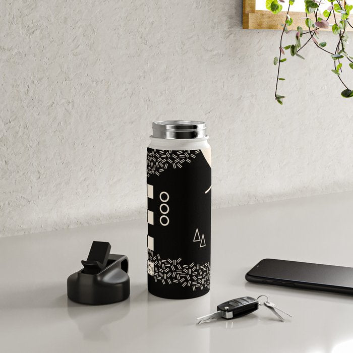 Memphis Redux New 80s Geometric Abstract Pattern in Black and Almond Cream Water Bottle Gallery Image 4