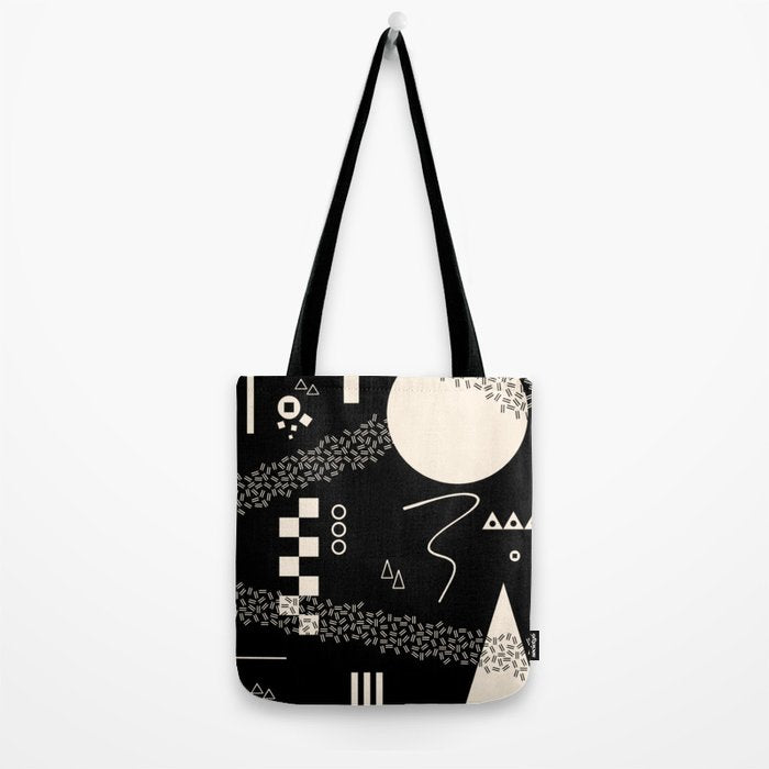 Memphis Redux New 80s Geometric Abstract Pattern in Black and Almond Cream Tote Bag Gallery Image 2