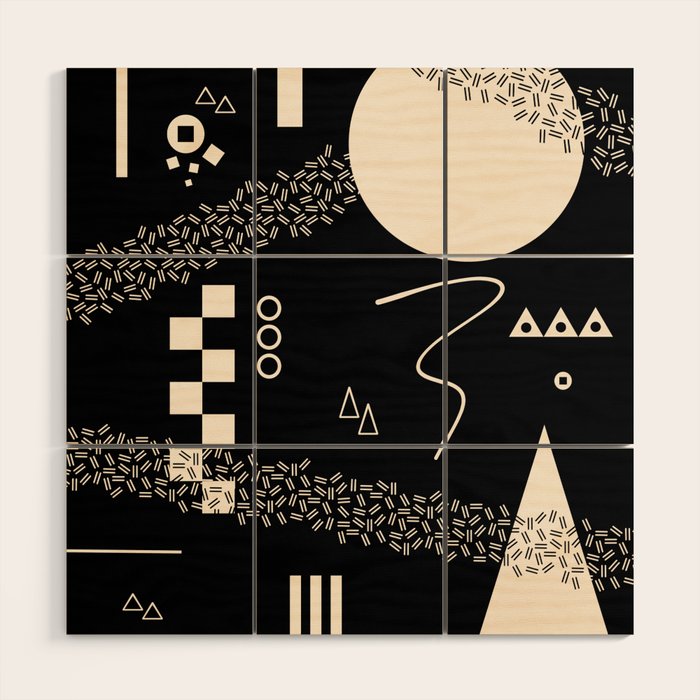 Memphis Redux New 80s Geometric Abstract Pattern in Black and Almond Cream Wood Wall Art Gallery Image 1