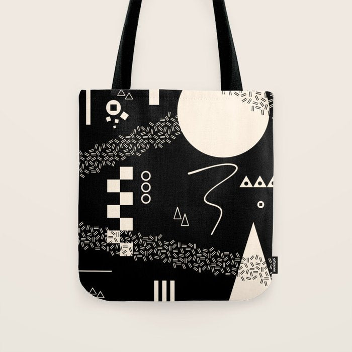 Memphis Redux New 80s Geometric Abstract Pattern in Black and Almond Cream Tote Bag Gallery Image 1