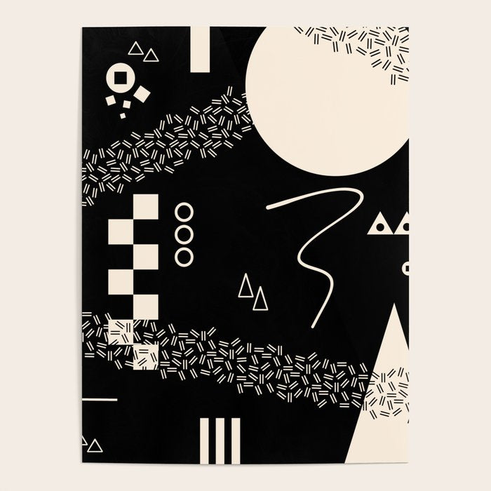 Memphis Redux New 80s Geometric Abstract Pattern in Black and Almond Cream Poster Gallery Image 1