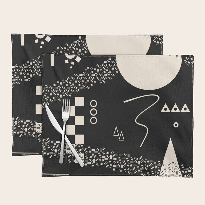Memphis Redux New 80s Geometric Abstract Pattern in Black and Almond Cream Placemat Gallery Image 1
