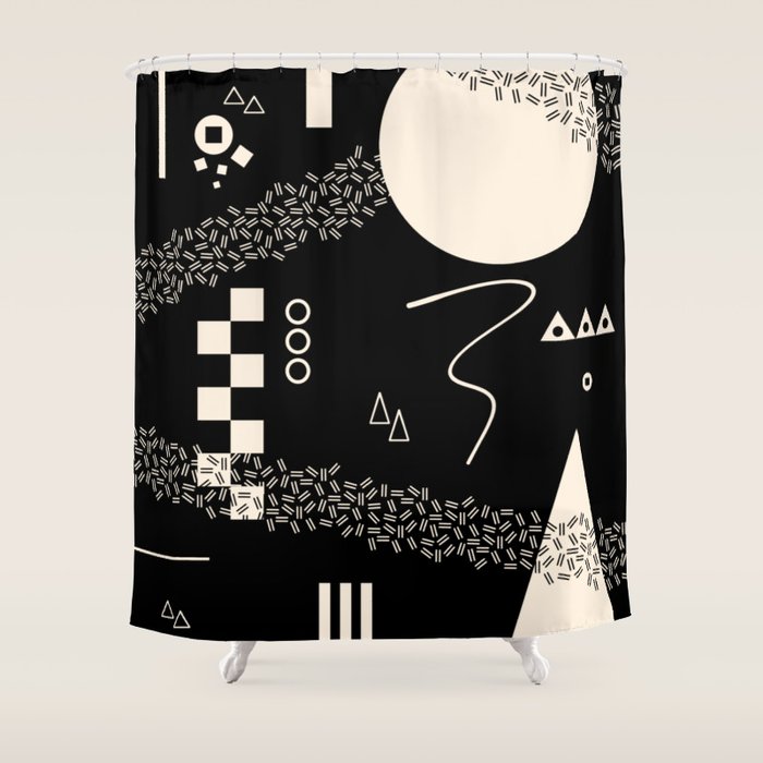 Memphis Redux New 80s Geometric Abstract Pattern in Black and Almond Cream Shower Curtain Gallery Image 1