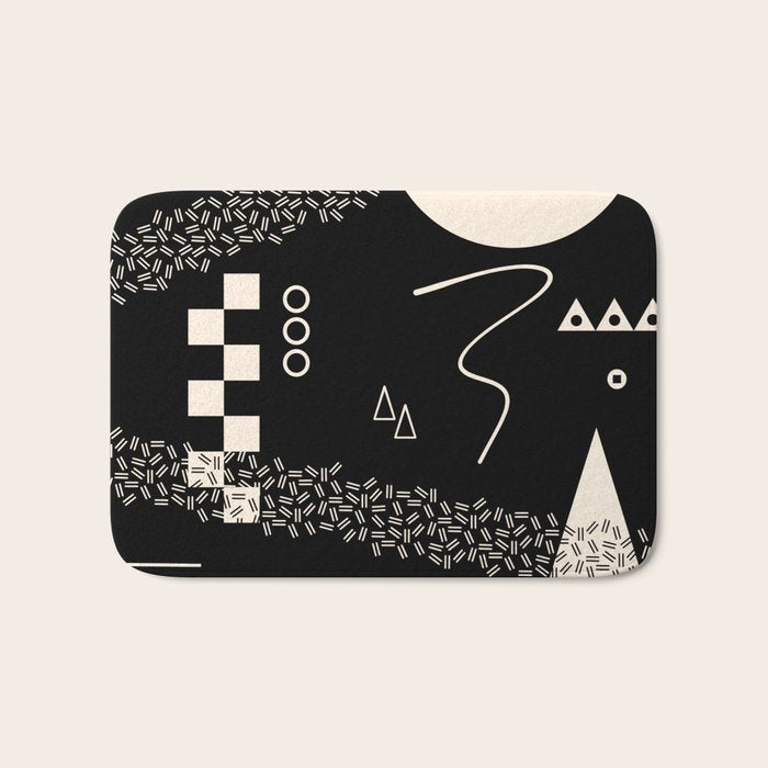 Memphis Redux New 80s Geometric Abstract Pattern in Black and Almond Cream Bath Mat Gallery Image 1