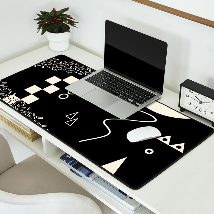 Memphis Redux New 80s Geometric Abstract Pattern in Black and Almond Cream Desk Mat Gallery Image 2