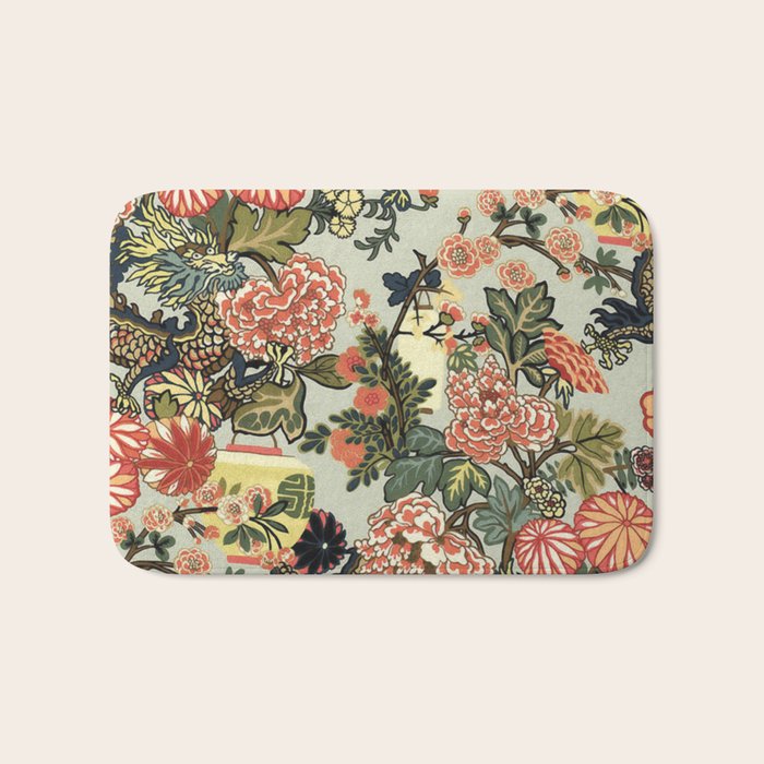 Chinese Dragon Vintage Floral Pattern Bath Mat Gallery Image 1