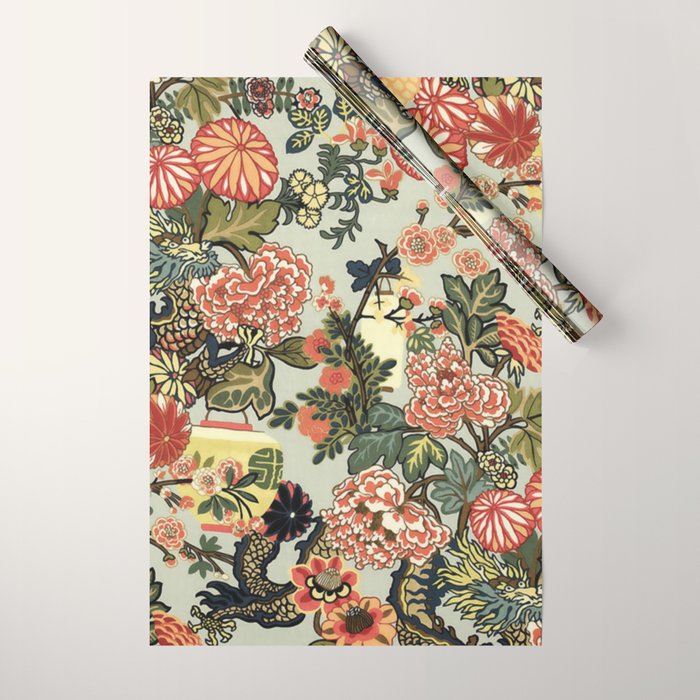 Chinese Dragon Vintage Floral Pattern Wrapping Paper Gallery Image 1