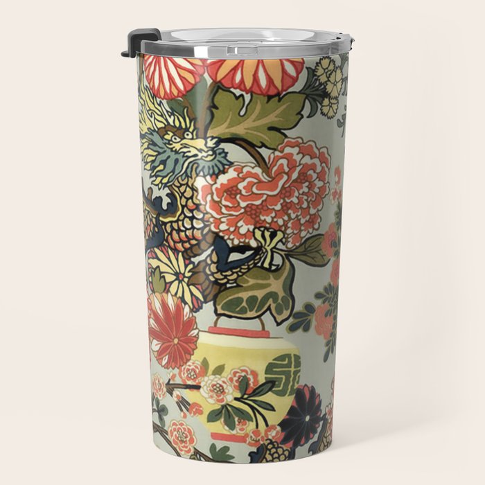 Chinese Dragon Vintage Floral Pattern Travel Mug Gallery Image 3