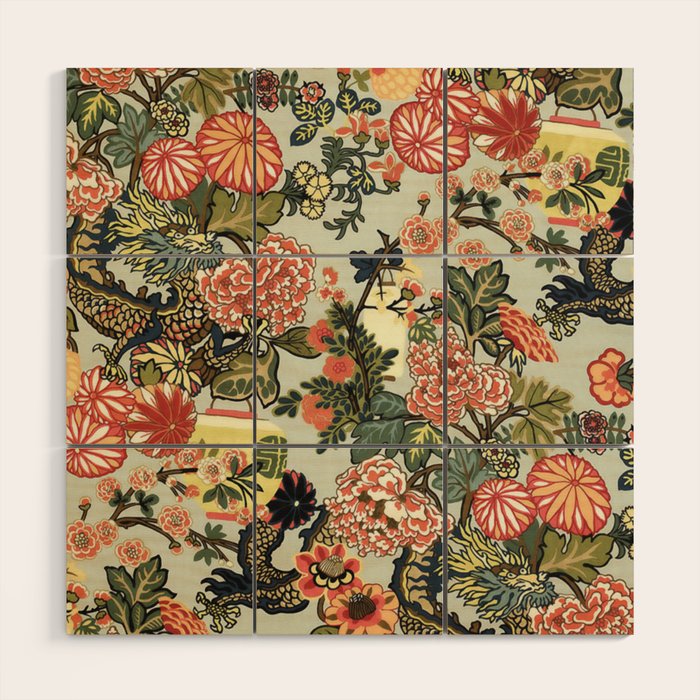 Chinese Dragon Vintage Floral Pattern Wood Wall Art Gallery Image 1
