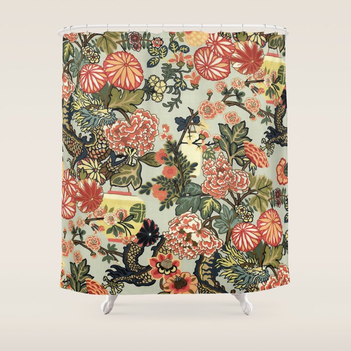 Chinese Dragon Vintage Floral Pattern Shower Curtain Gallery Image 1